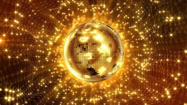 Golden glowing disco ball. Gold shiny disco ball disco mirror ball. sparkly gold . nightclub party background. 4K 3D photo. Disco, party, music, dancing, fun nightclub concept. colorful Sparkling