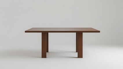 A simple, square wooden table with four sturdy, minimalist legs stands against a neutral background.