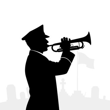 Somber remembrance: Silhouette of a bugler playing at a solemn memorial occasion