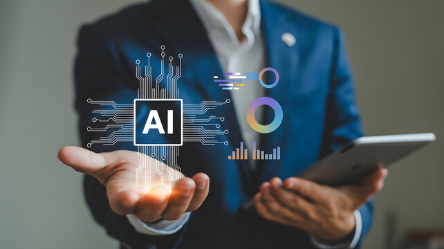 Businessman presents AI technology innovation with digital data analytics visualization