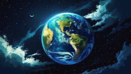 A vibrant depiction of Earth, set against a backdrop of a starlit space, showcases the planet's detailed continents and oceans, with softly painted clouds.