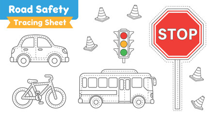 Vector art of road safety tracing sheet with car, cones, traffic lights, stop sign, bus and bicycle