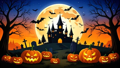 Fototapeta premium A spooky October night with a black witch silhouette, bats flying around a dark castle, and a scary pumpkin illustration