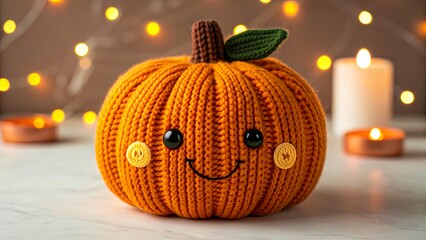 Knitted orange yarn pumpkin with tiny black dot eyes and a smile, cozy autumn decoration with soft lighting and blurred fairy lights
