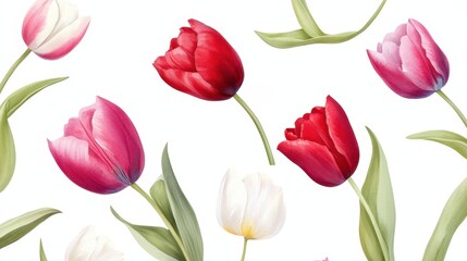 Obraz premium Tulip garden seamless background, hand-painted flowers in watercolor style