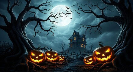 Spooky Halloween night with glowing jack-o'-lanterns, a haunted house, full moon, and flying bats creating a chilling atmosphere
