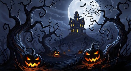 Spooky haunted house scene with glowing jack-o'-lanterns and bats flying under a full moon, perfect for Halloween celebrations