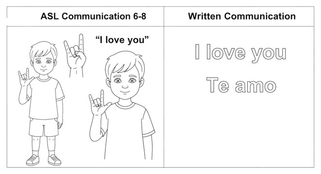 Illustration of asl communication and written translation of i love you
