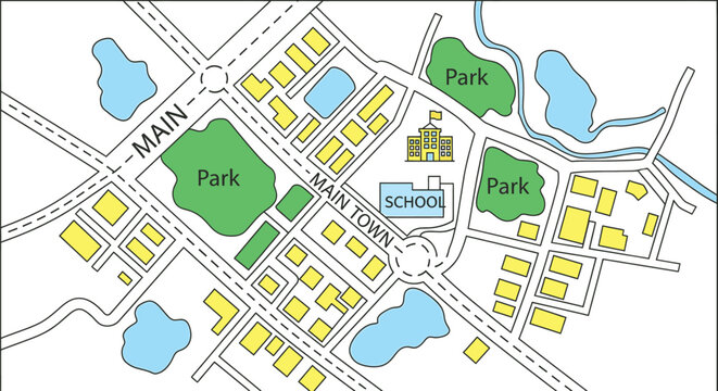 Vector art of a cartoon town map featuring parks, schools, and various buildings, showcasing the layout of a community with streets