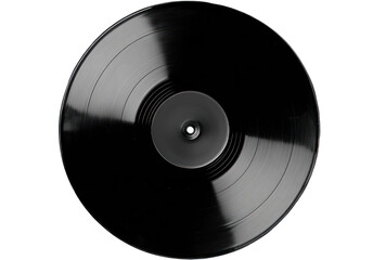 Obraz premium Black vinyl record centered with circular grooves and a shiny, dark surface on a black background, viewed directly from above