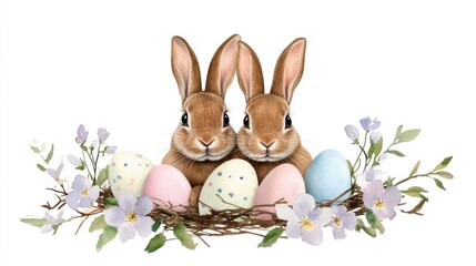 Two Easter bunnies in a nest of spring flowers and eggs, soft watercolor art
