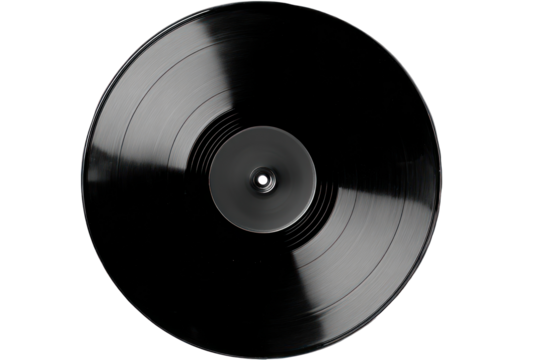 Black vinyl record centered with circular grooves and a shiny, dark surface on a black background, viewed directly from above