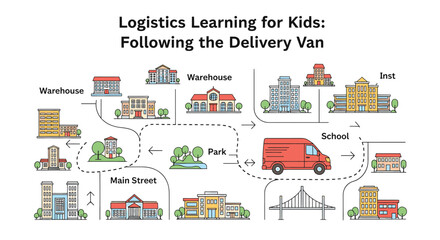 Vector art of logistics learning for kids following the delivery van route through the city illustration