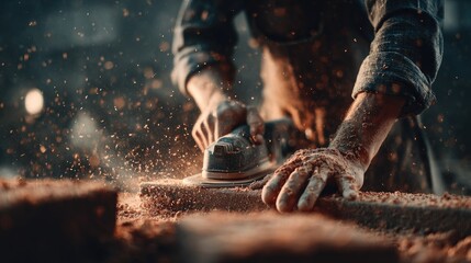 Close-up of a carpenter sanding wood with power sander.