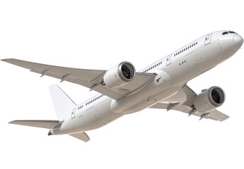 Obraz premium White jet airplane angling upward against a blank background, showcasing its sleek design