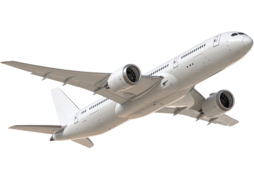 White jet airplane angling upward against a blank background, showcasing its sleek design