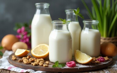 A beautiful arrangement of plant-based milks and ingredients on a rustic table for a healthy lifestyle. High quality
