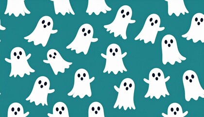 Cute and funny seamless Halloween pattern with cartoon animal ghosts, cats, and dogs for a fun wallpaper design