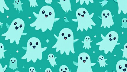 Obraz premium Cute and funny seamless Halloween pattern with cartoon animal ghosts, cats, and dogs for a fun wallpaper design