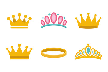 Royal crown and tiara vector collection, golden coronet symbols, jeweled headpiece icons, princess diadem designs, regal accessories graphics © RA Studio