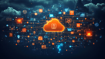 Glowing Orange Cloud Computing Network in Dark Blue Sky