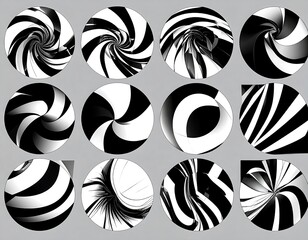 Abstract black and white circular patterns on a gray background