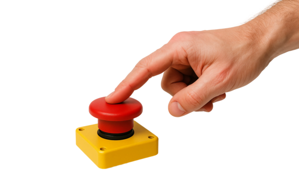 Emergency Stop Button – Hand Pressing Red Safety Switch