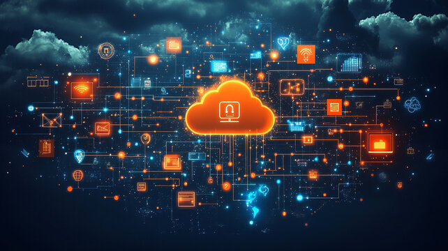 Glowing Orange Cloud Computing Network in Dark Blue Sky - Powered by Adobe