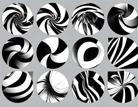 Abstract black and white circular patterns on a gray background