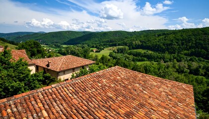Panoramic view of a valley with terracotta-tiled roofs
