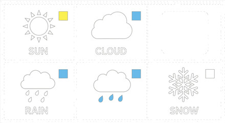 Vector art of weather icons set with sun, cloud, rain, and snow symbols for educational or decorative purposes