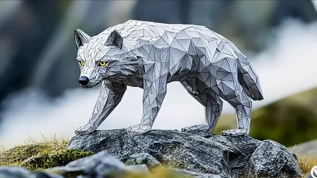 Low Poly Paper Wolf Model in Scenic Mountain Landscape: A Digital Art Showcase