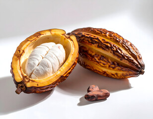 Fresh cacao pod, tropical fruit containing cocoa beans, the main ingredient for making chocolate. Exotic and nutritious fruit harvested from cacao trees