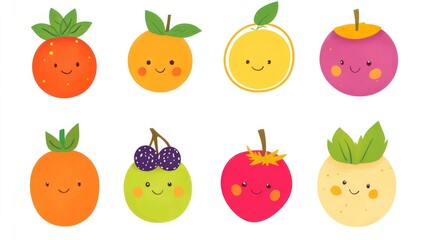 Cute cartoon fruits, cheerful faces, colorful background, children's book illustration