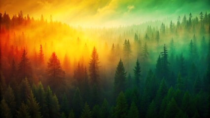 Obraz premium Vibrant forest sunrise with golden light and misty trees