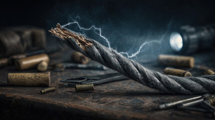 A frayed electrical cable sparking faintly in the dark, symbolizing efforts to restore power during an outage.