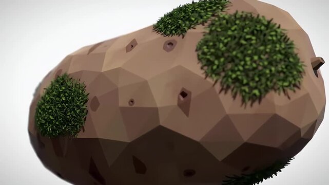 Low Poly Brown Asteroid with Patches of Green Vegetation and Cratered Surface on White Background