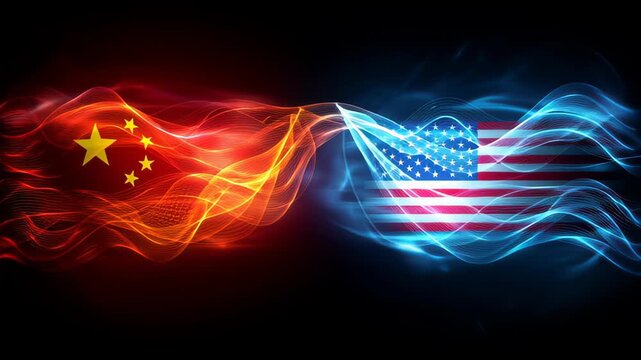 Dynamic clash of flags usa and china global relations digital art futuristic high-contrast conceptual design