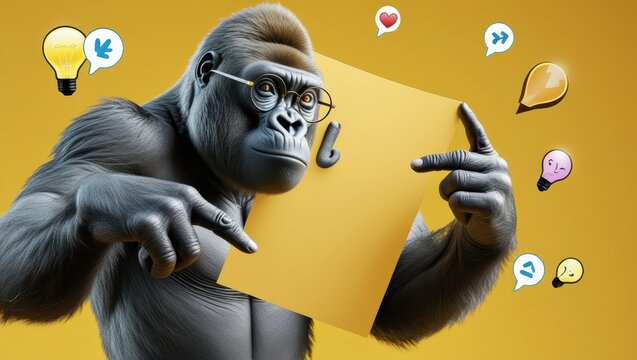A gorilla in glasses points to a blank yellow note paper, surrounded by creative ideas and social media icons.