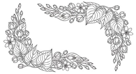 Delicate Floral Corner Design with Heart-Shaped Leaves and Budding Flowers in Black and White