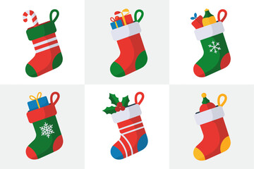 Christmas stocking gift vector illustrations, festive holiday socks collection, decorative seasonal art, cheerful celebration graphics, bright winter design elements