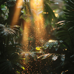 Golden Sunlight Dappling Lush Green Tropical Foliage