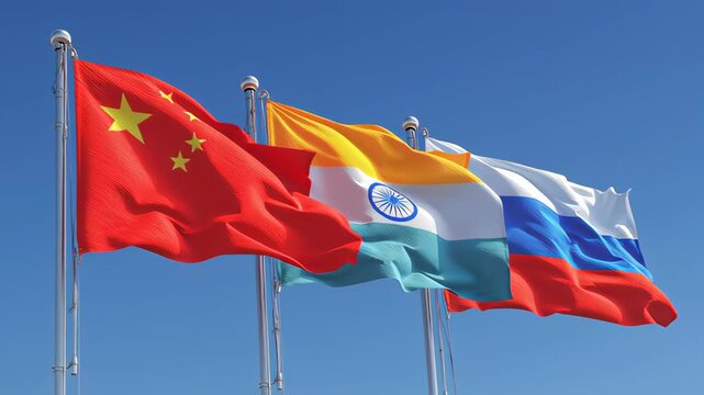 International flags of china india and russia flying together outdoor setting vibrant daylight symbol of unity