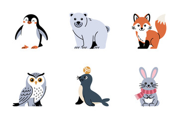 Winter animal character lineup, penguin polar bear fox owl seal rabbit, varied poses, vector stickers for holiday artwork