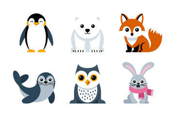 Cute wildlife icon pack, penguin polar bear fox owl rabbit seal illustrations, friendly character set for childrens designs
