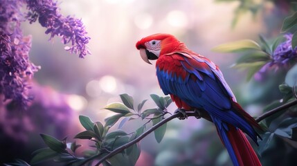 Vibrant parrot perched on branch among lilac blossoms. Use Stock photo for nature, animals, birds