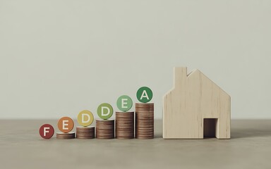 A wooden house model beside increasing stacks of coins topped with energy efficiency rating labels from F to A, symbolizing financial savings, property value, and green investment