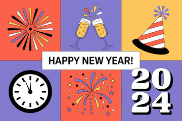 Happy New Year 2024 illustration set, colorful festive celebration design, fireworks and party decoration art, cheerful seasonal graphic elements