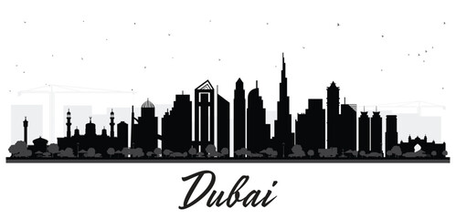 Obraz premium Dubai UAE City skyline silhouette with black buildings isolated on white. Business travel and tourism concept. Dubai cityscape with landmarks.