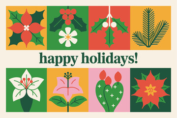Seasonal floral greeting card festive illustration, happy holidays banner design, colorful winter flowers vector, cheerful Christmas celebration graphics, decorative art elements